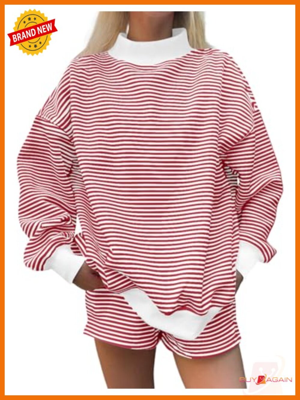 TERIVEEK Womens 2 Piece Striped Mock Neck Sweatshirt & Shorts Lounge Set